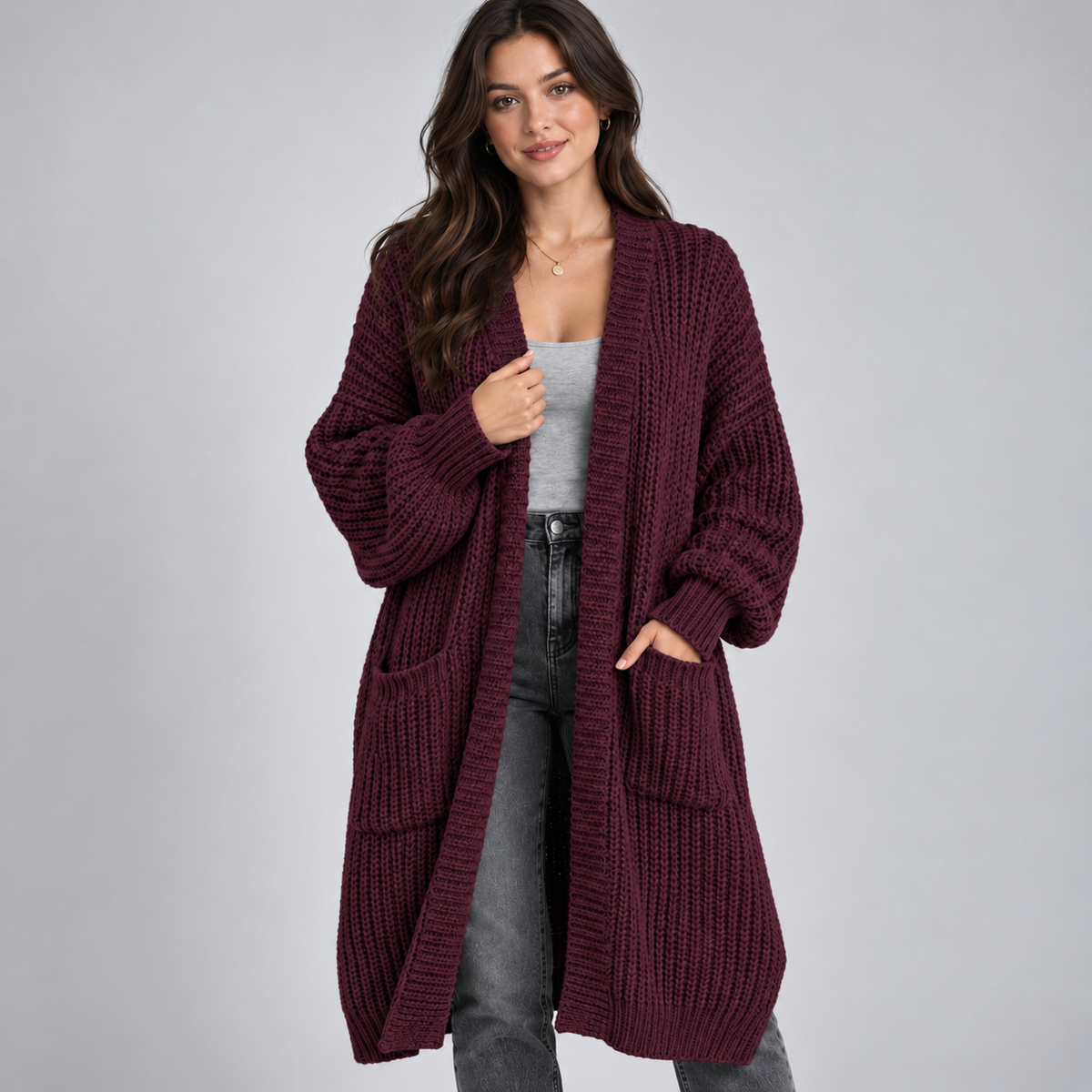 Women's Longline Chunky Knit Open Front Cardigan
