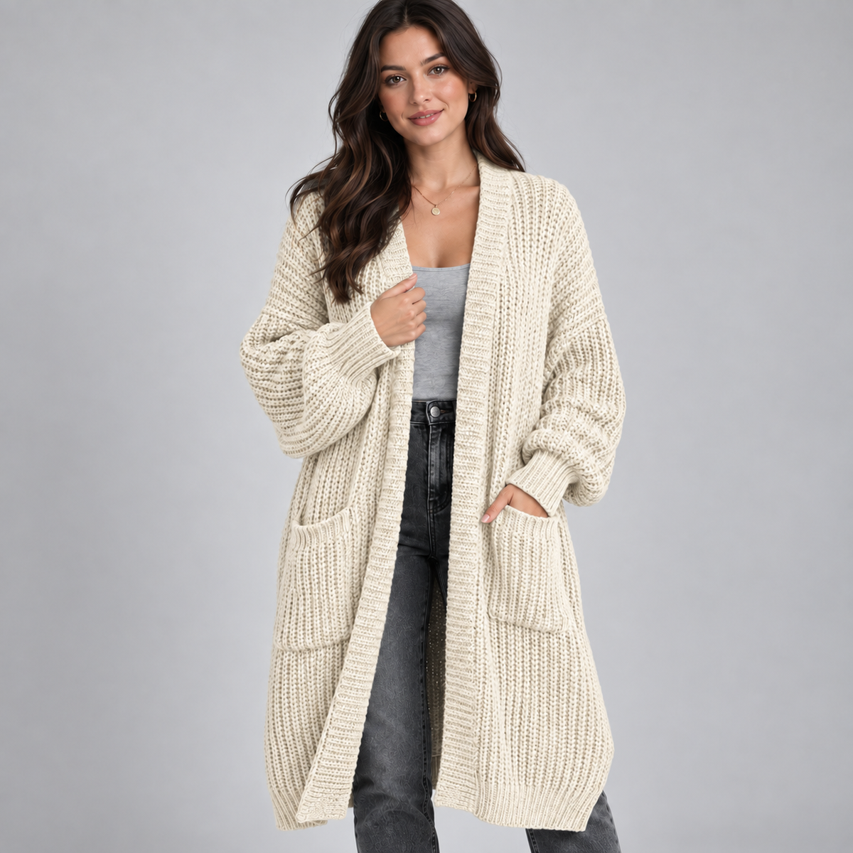 Women's Longline Chunky Knit Open Front Cardigan