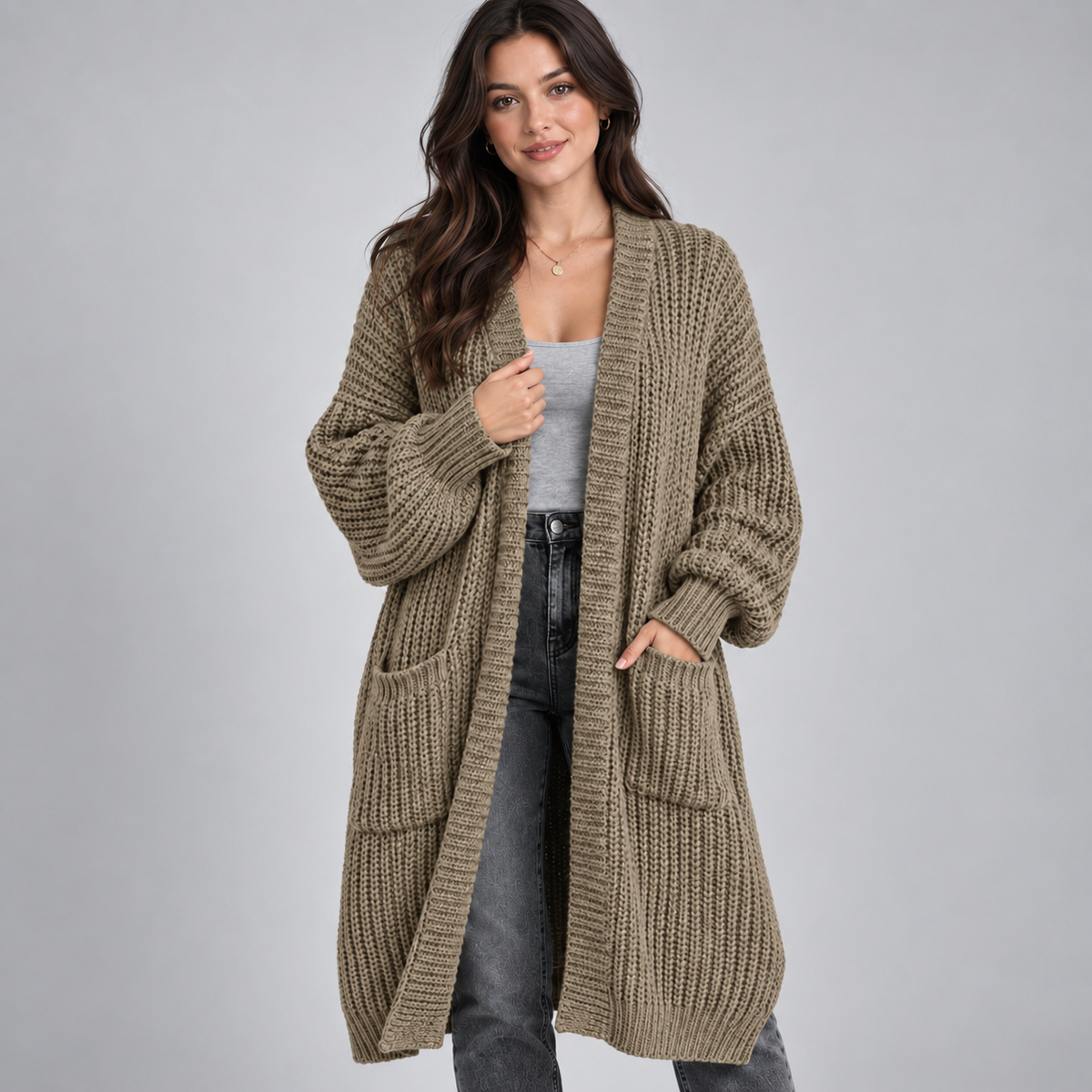 Women's Longline Chunky Knit Open Front Cardigan