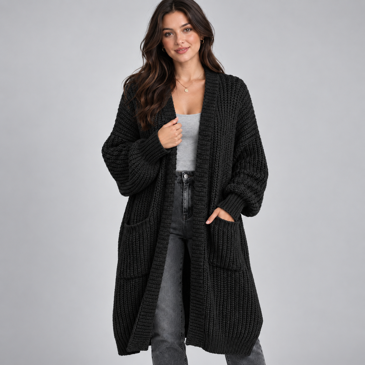 Women's Longline Chunky Knit Open Front Cardigan