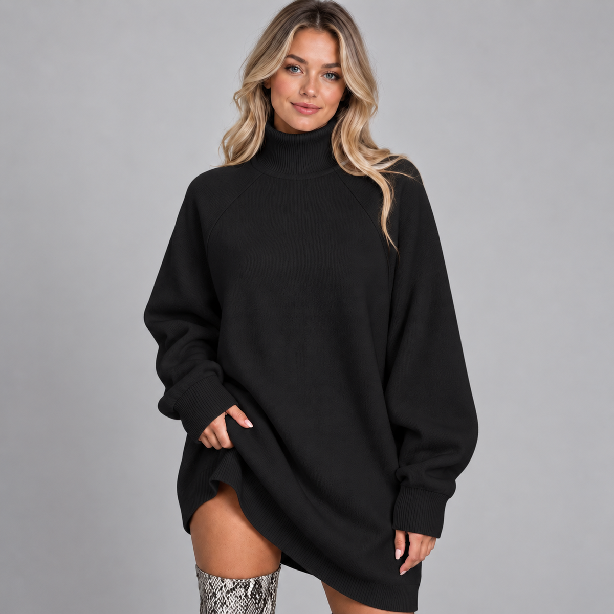 Women's Oversized High Neck Jumper Dress - Cozy Long Sleeve Fleece-Backed Sweater Dress