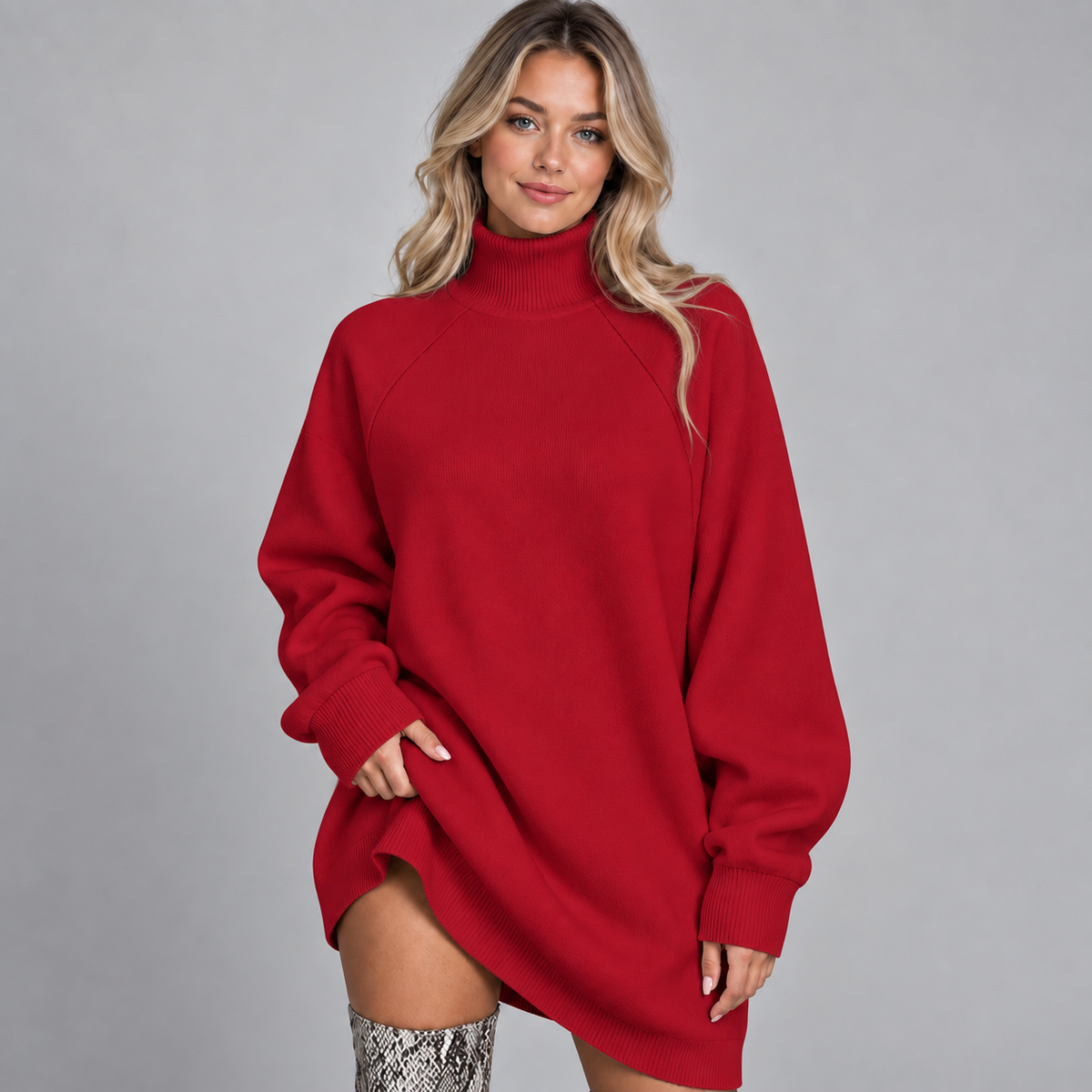 Women's Oversized High Neck Jumper Dress - Cozy Long Sleeve Fleece-Backed Sweater Dress