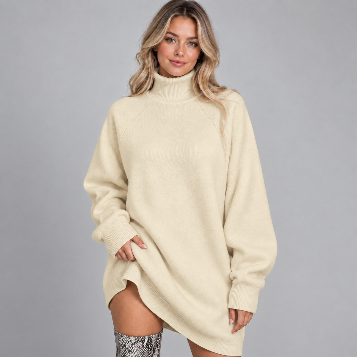 Women's Oversized High Neck Jumper Dress - Cozy Long Sleeve Fleece-Backed Sweater Dress