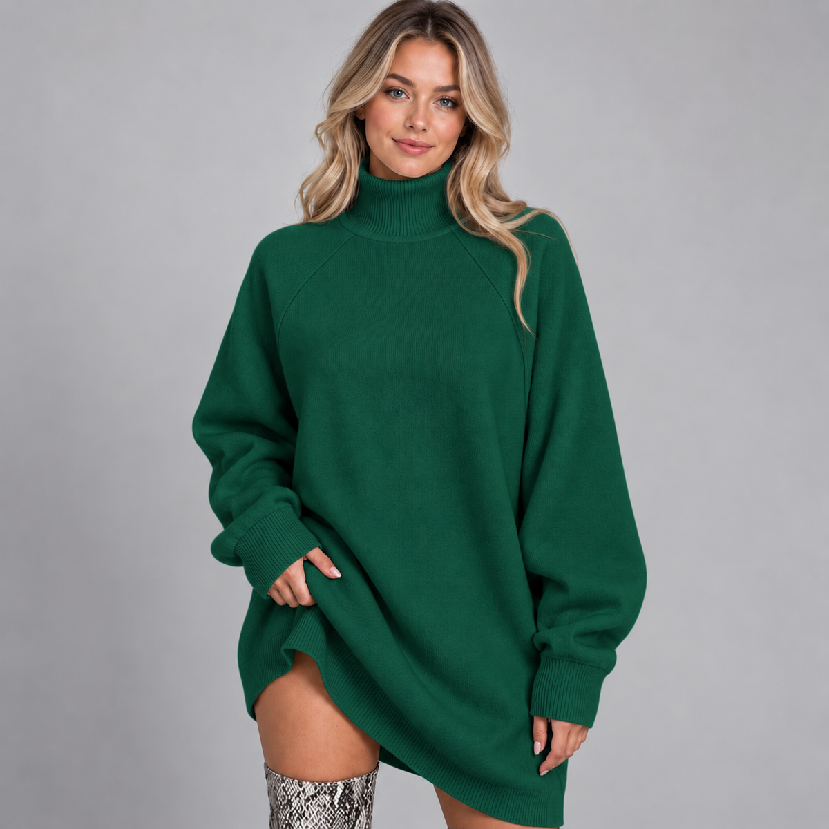 Women's Oversized High Neck Jumper Dress - Cozy Long Sleeve Fleece-Backed Sweater Dress