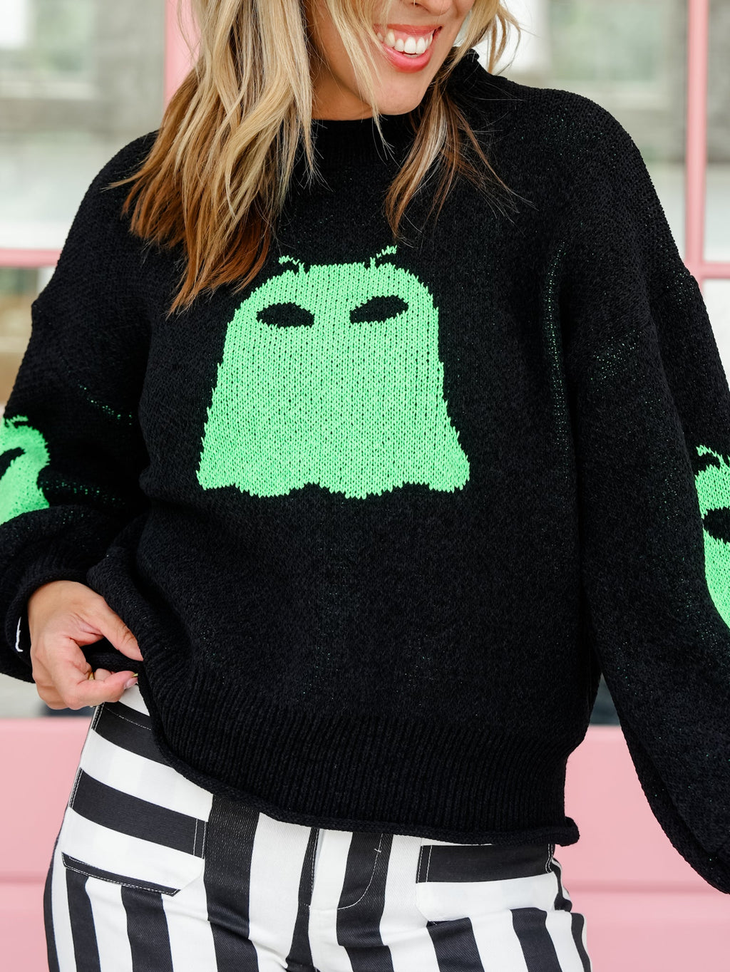 Women's Ghost Black Halloween Graphic Knit Sweater