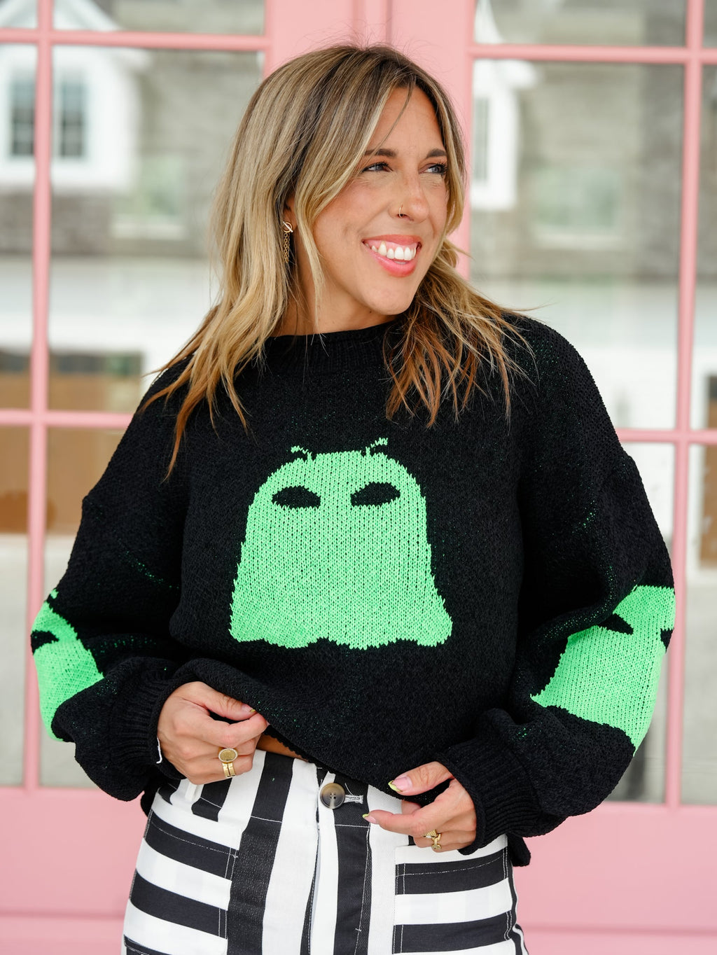 Women's Ghost Black Halloween Graphic Knit Sweater