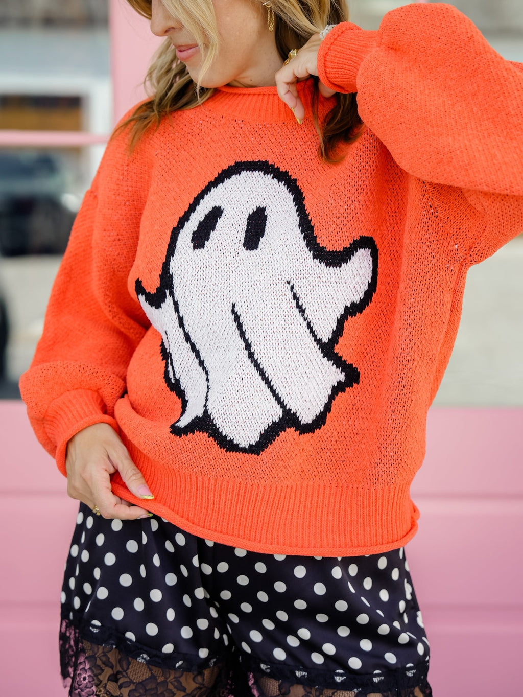 Women's Ghost Orange Knit Halloween Sweater