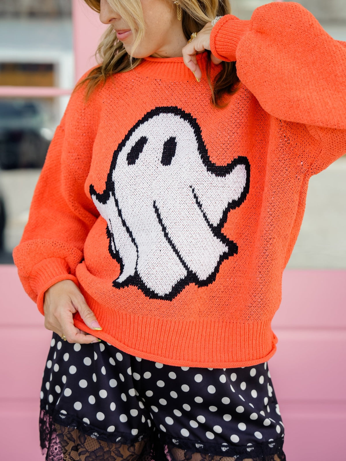 Women's Ghost Orange Knit Halloween Sweater