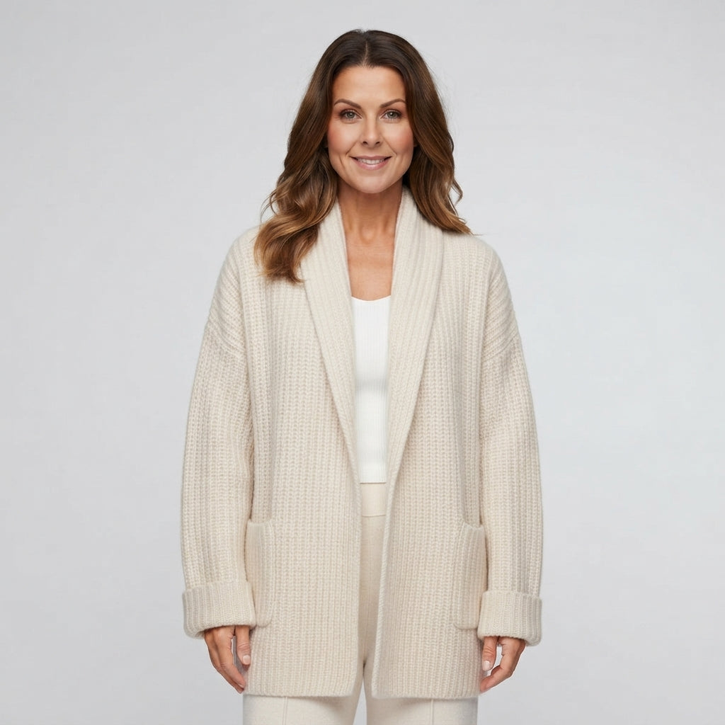 Women's Beige Textured Open Front Long Sleeve Cardigan – Long Office Layering Coat