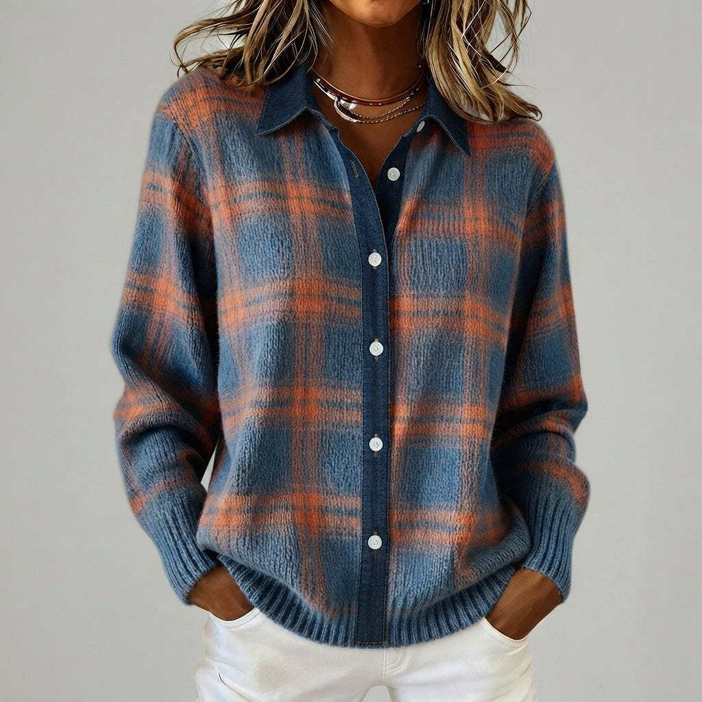 Chiara Elegant Checkered Cardigan | Button-Front Longline Knit Sweater