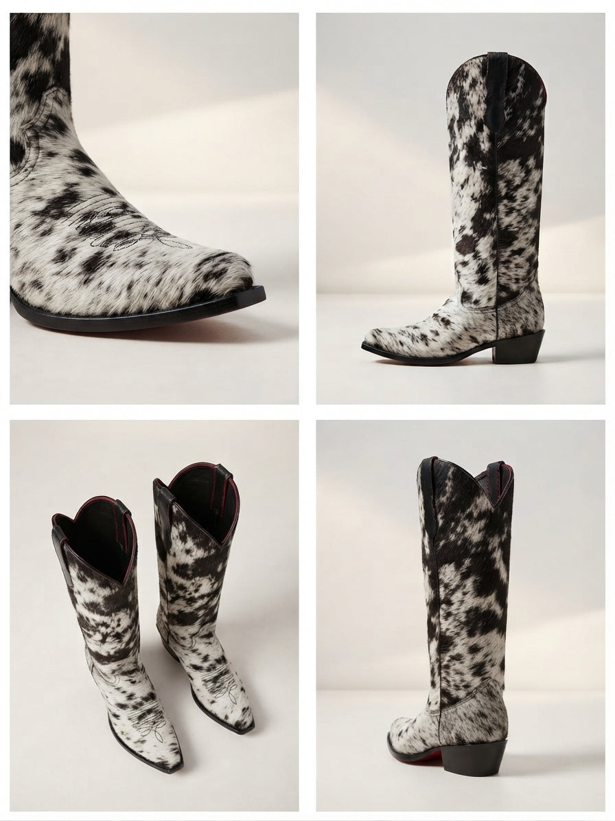 Bolted Boots & Black Cowgirl Boots – Cow Pattern Knee-High Western Boots
