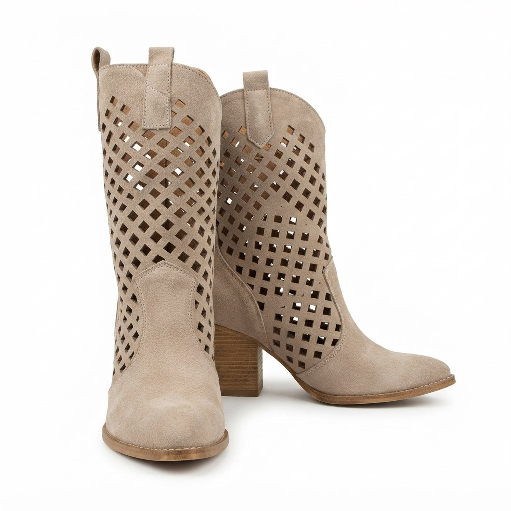 Khaki Hollow-Out Wide Calf Cowgirl Boots