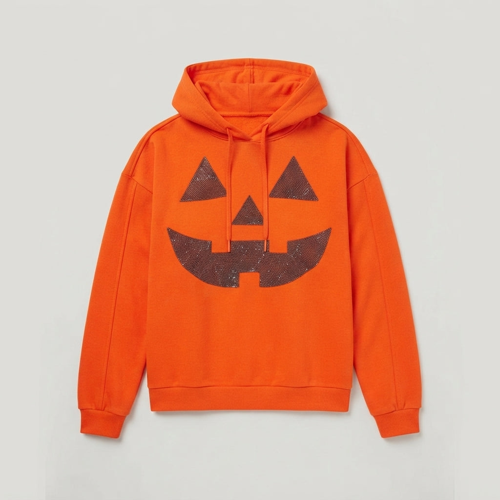 Women's Halloween Pumpkin Face Orange Hoodie & Spooky Fall Pullover