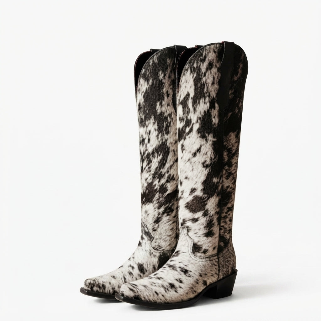 Bolted Boots & Black Cowgirl Boots – Cow Pattern Knee-High Western Boots