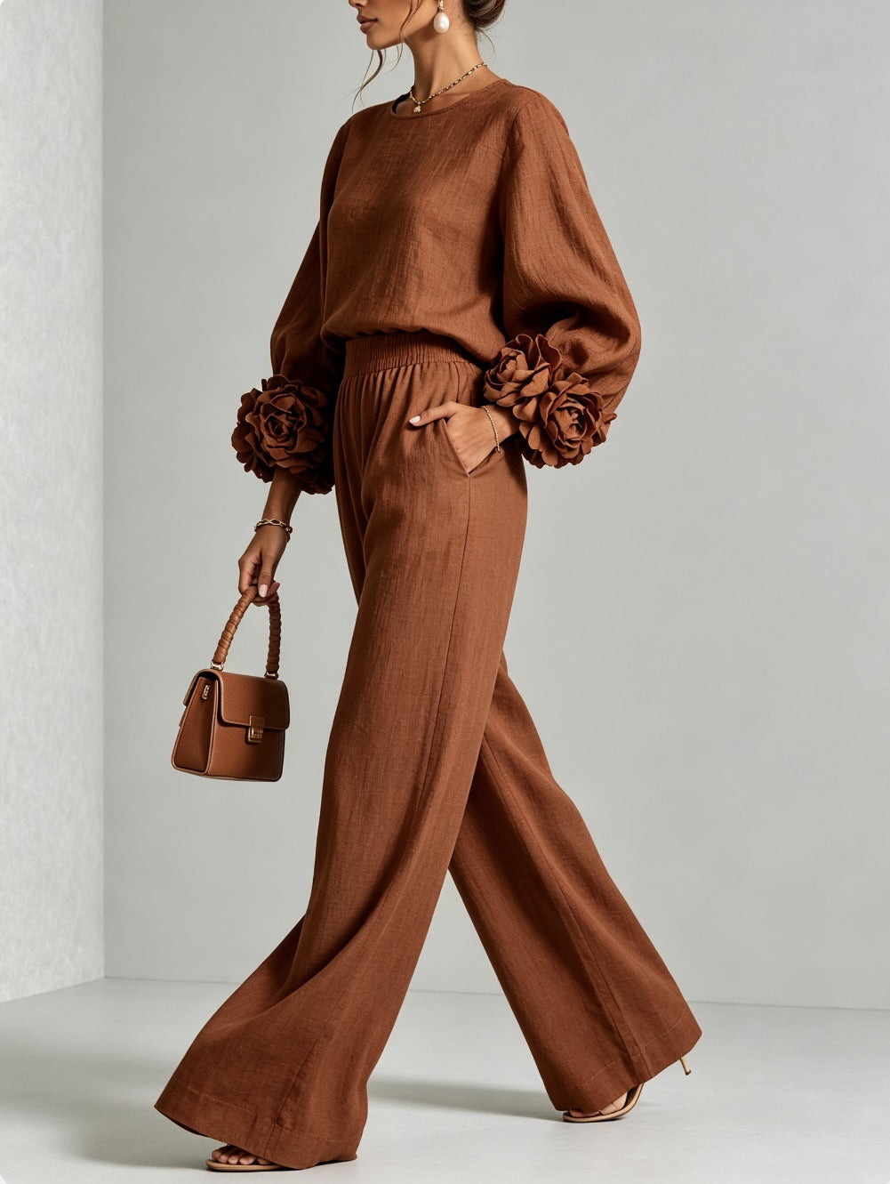 Rosalie Floral Cuff Two-Piece Set | Linen-Blend Wide-Leg Pants & Crew-Neck Top