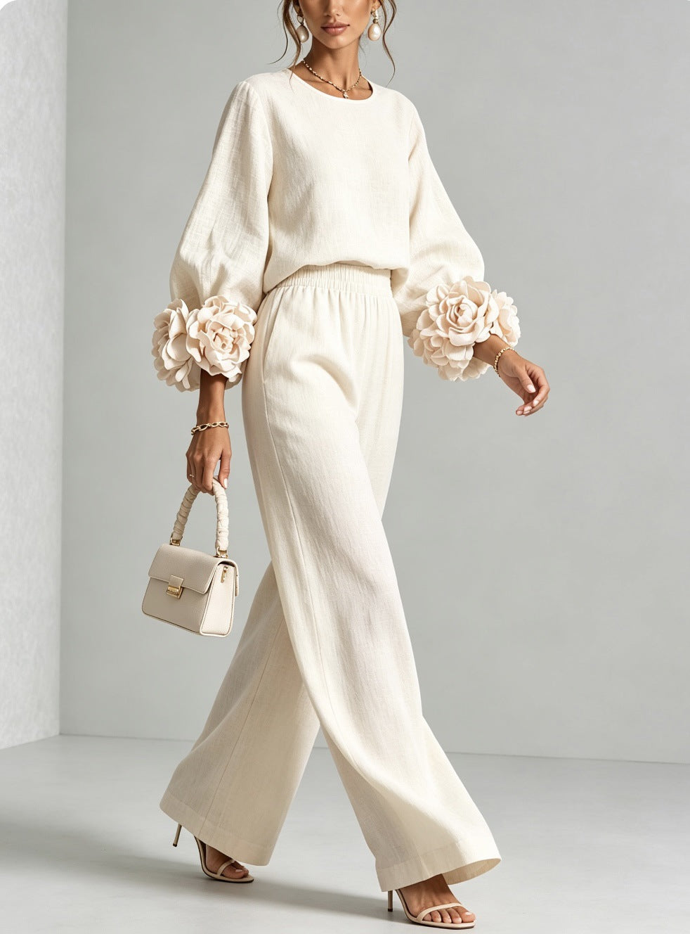 Rosalie Floral Cuff Two-Piece Set | Linen-Blend Wide-Leg Pants & Crew-Neck Top