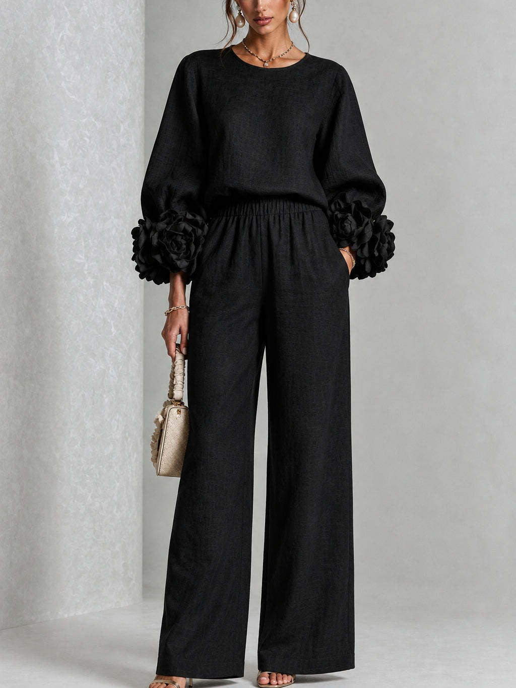 Rosalie Floral Cuff Two-Piece Set | Linen-Blend Wide-Leg Pants & Crew-Neck Top