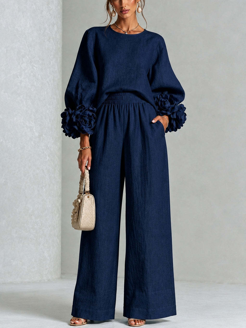 Rosalie Floral Cuff Two-Piece Set | Linen-Blend Wide-Leg Pants & Crew-Neck Top