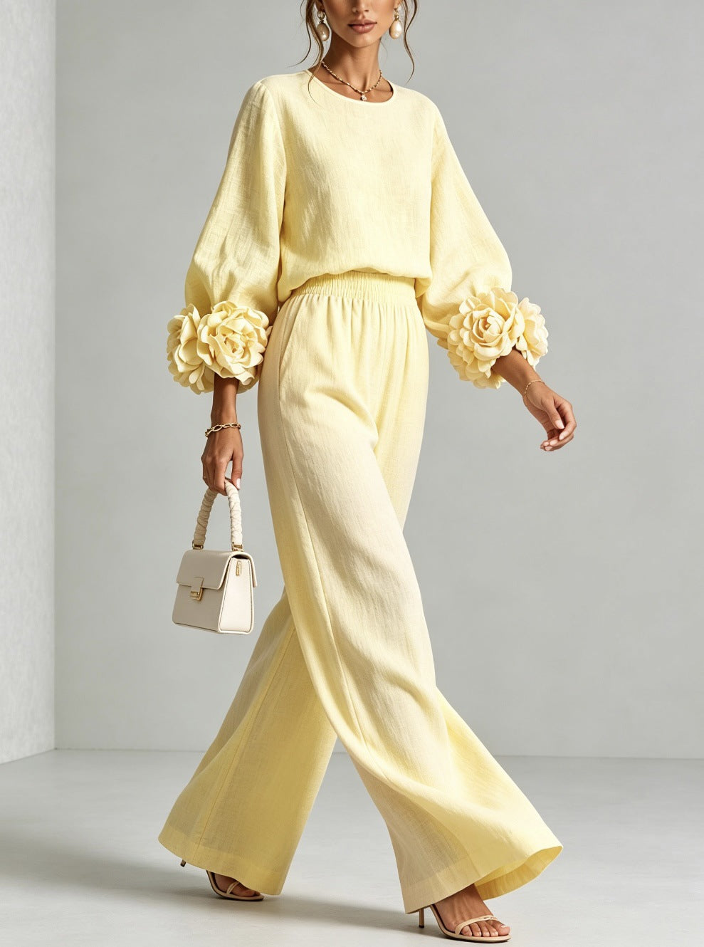 Rosalie Floral Cuff Two-Piece Set | Linen-Blend Wide-Leg Pants & Crew-Neck Top