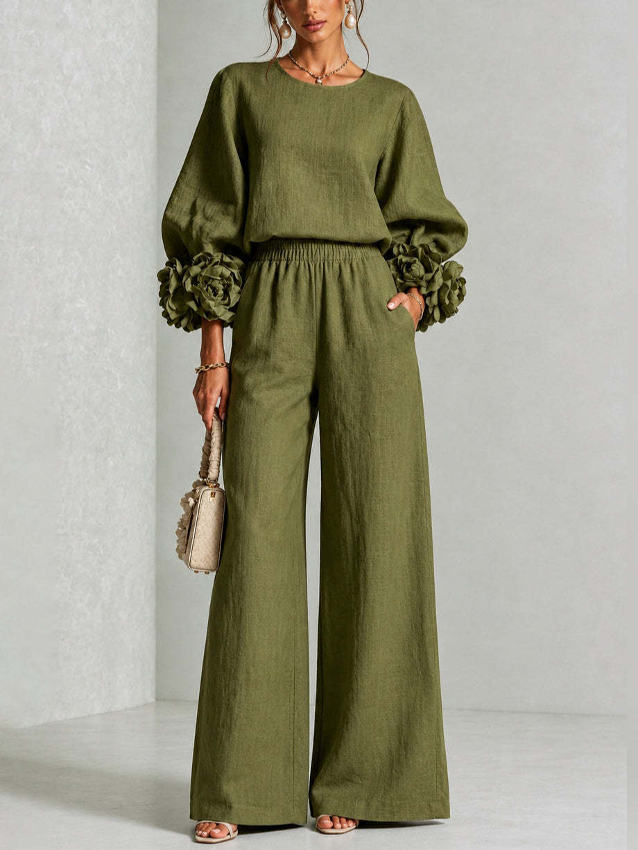 Rosalie Floral Cuff Two-Piece Set | Linen-Blend Wide-Leg Pants & Crew-Neck Top