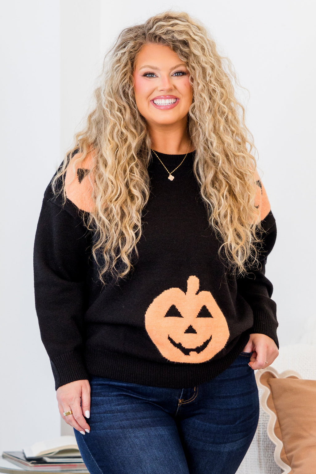 Women's Halloween Pumpkin Black Knit Sweater - Quirky Halloween & Fall Pullover