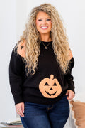 Women's Halloween Pumpkin Black Knit Sweater - Quirky Halloween & Fall Pullover