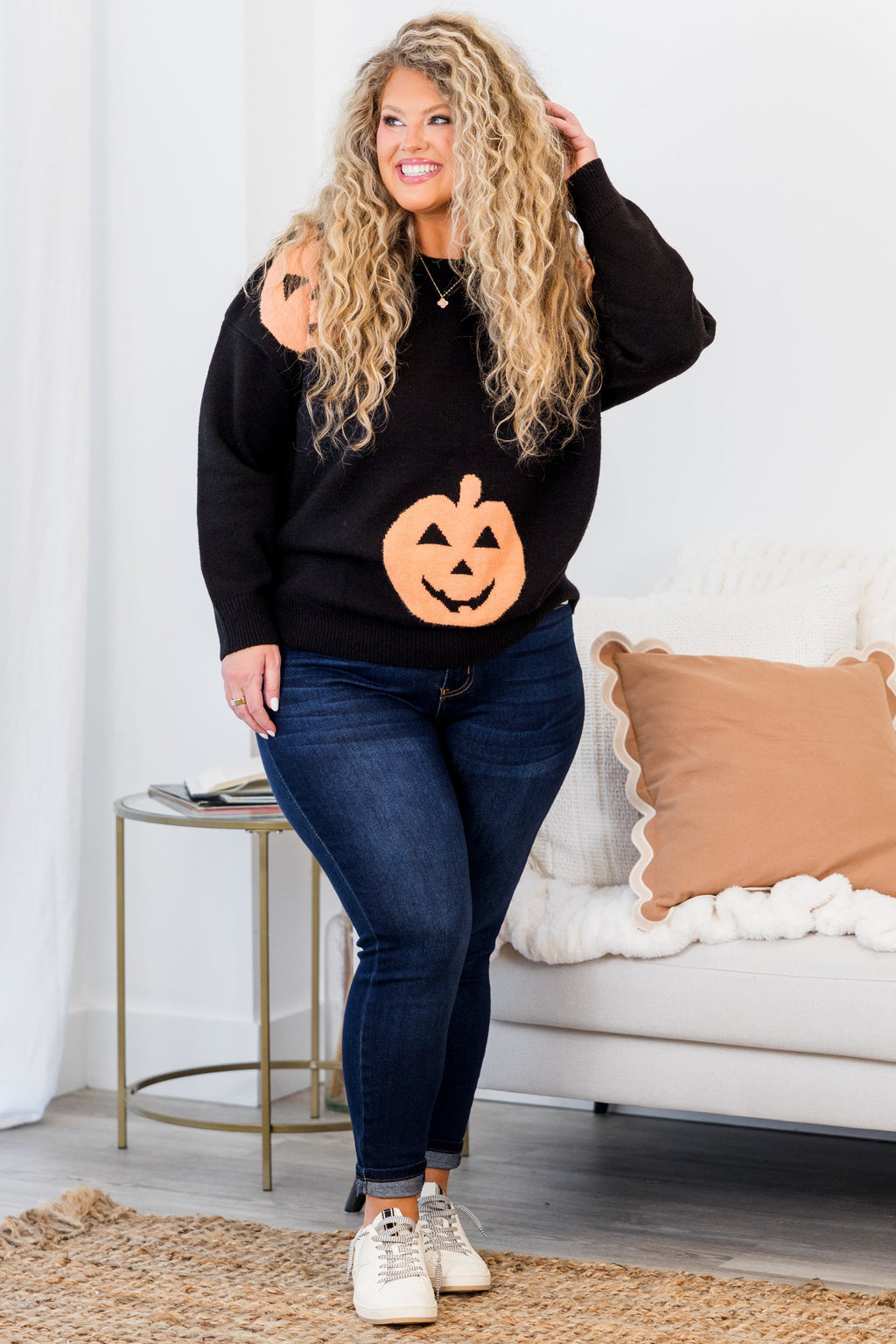 Women's Halloween Pumpkin Black Knit Sweater - Quirky Halloween & Fall Pullover