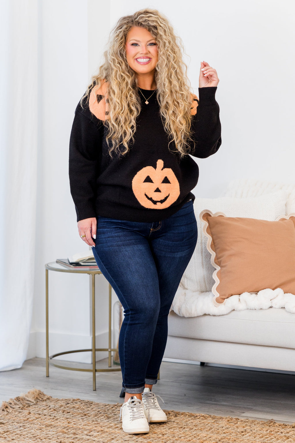 Women's Halloween Pumpkin Black Knit Sweater - Quirky Halloween & Fall Pullover