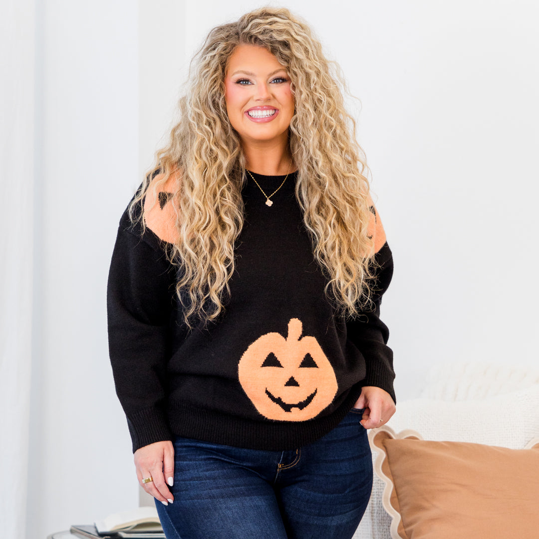 Women's Halloween Pumpkin Black Knit Sweater - Quirky Halloween & Fall Pullover