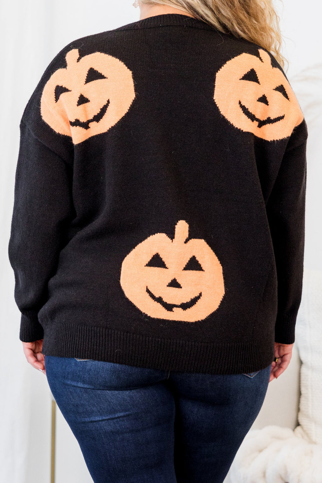 Women's Halloween Pumpkin Black Knit Sweater - Quirky Halloween & Fall Pullover