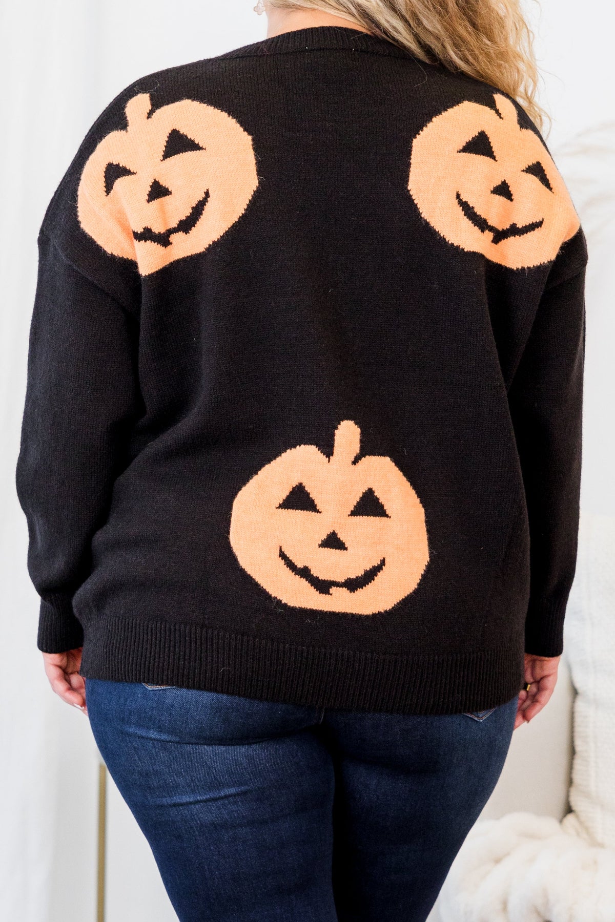 Women's Halloween Pumpkin Black Knit Sweater - Quirky Halloween & Fall Pullover