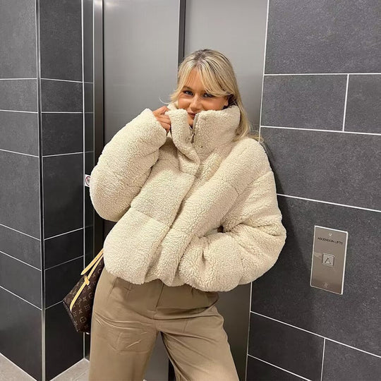 Women's Beige Oversized Teddy Texture Winter Coat – Warm Outerwear