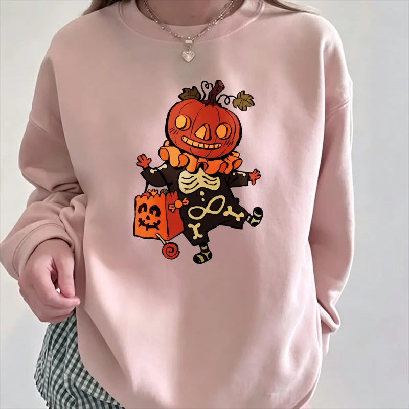 Spooky Pumpkin Head & Skeleton Clown Halloween Fleece Sweatshirt | Casual Trick-or-Treat Pullover