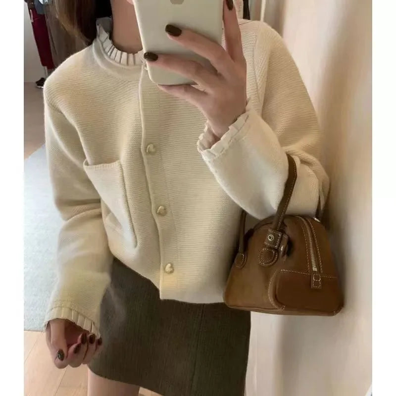 Women's Cropped Knit Cardigan with Gold Buttons - Structured Short Sweater Jacket