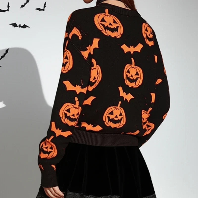 Spooky Pumpkin and Bat Print Halloween Pullover - Graphic Fall & Costume Sweater for Women