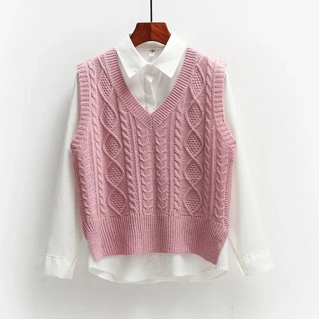 Women's Beige Cable Knit V-Neck Loose Fit Pullover Sweater – Casual Layering Top