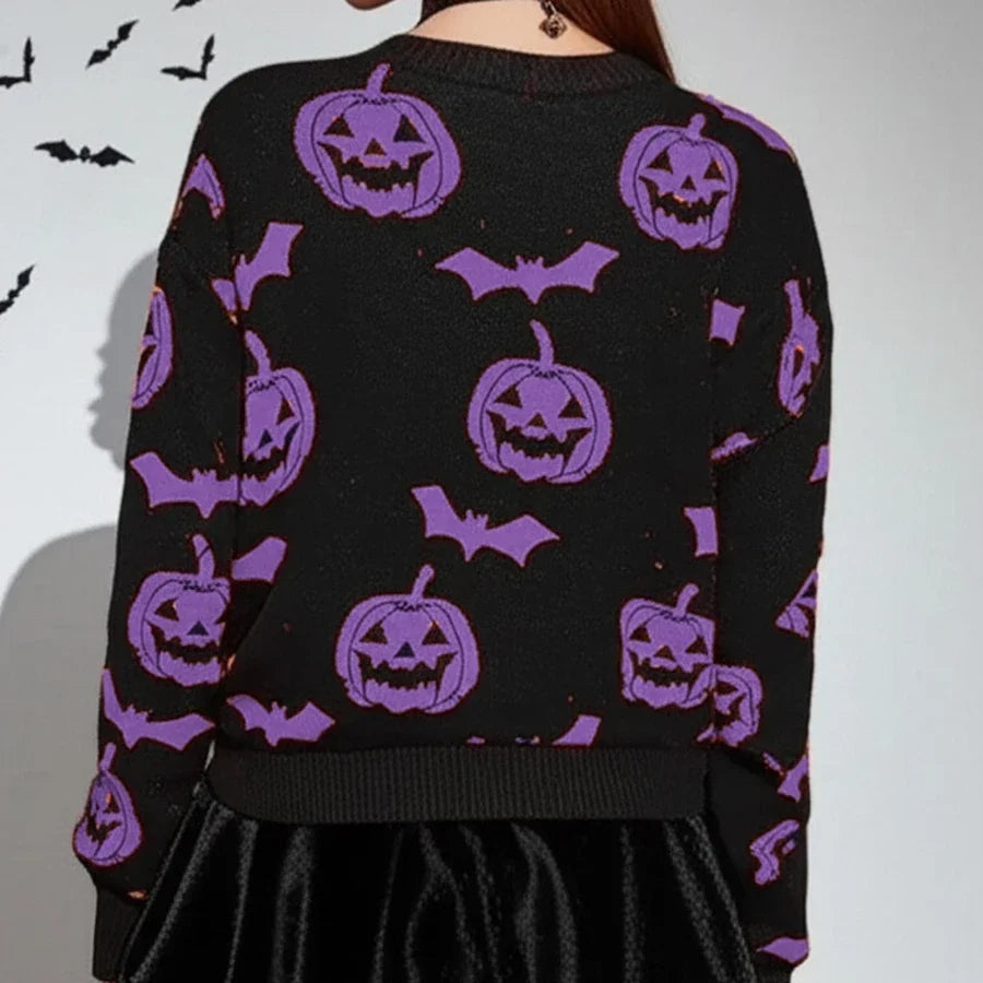 Spooky Pumpkin and Bat Print Halloween Pullover - Graphic Fall & Costume Sweater for Women