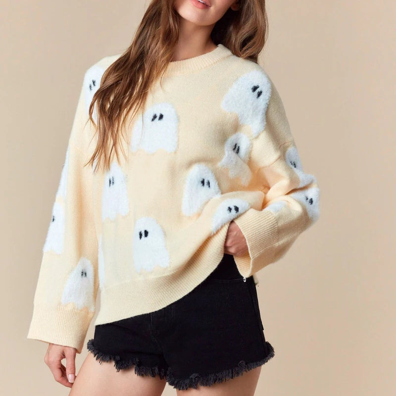 Spooky Ghost Stitching Knit Halloween Women's Pullover Sweater | Casual Fall Top