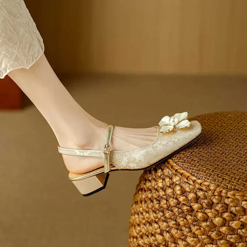 Women's Floral Slingback Block Heel Pumps | Comfortable Low Heel Dress Shoes
