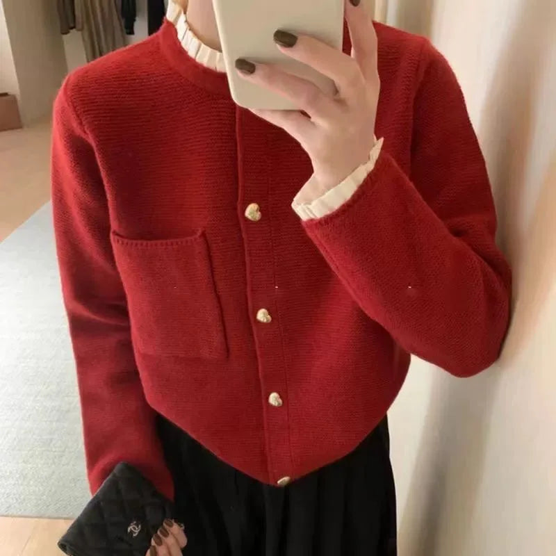 Women's Cropped Knit Cardigan with Gold Buttons - Structured Short Sweater Jacket