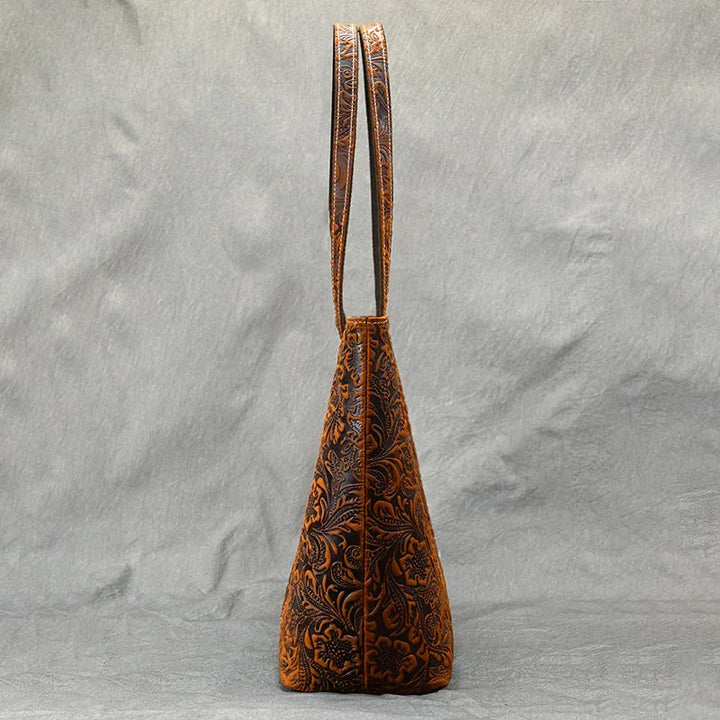 Vintage Floral Embossed Leather Tote