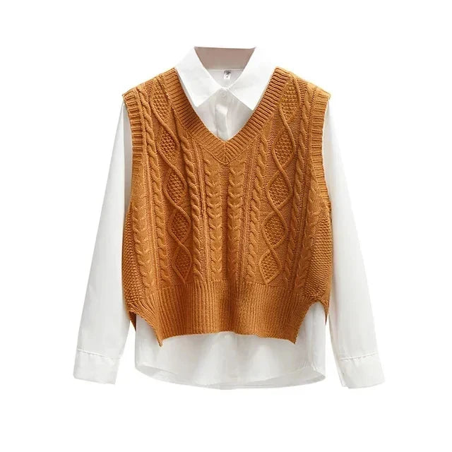 Women's Beige Cable Knit V-Neck Loose Fit Pullover Sweater – Casual Layering Top