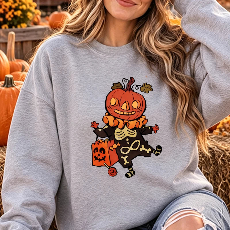 Spooky Pumpkin Head & Skeleton Clown Halloween Fleece Sweatshirt | Casual Trick-or-Treat Pullover