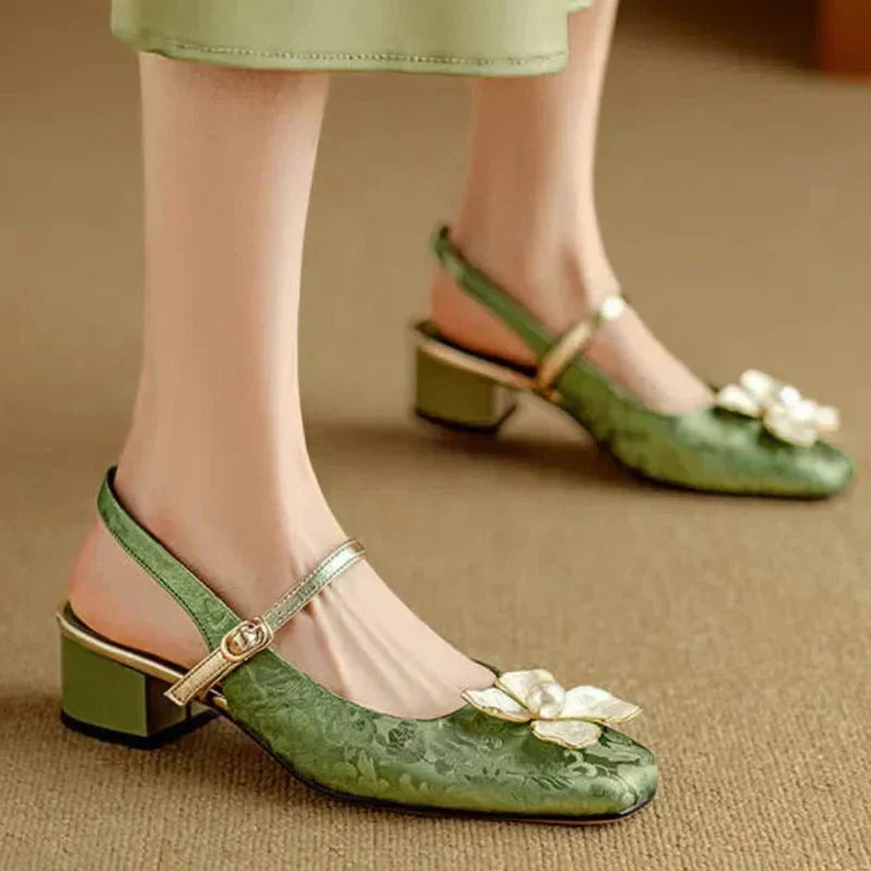 Women's Floral Slingback Block Heel Pumps | Comfortable Low Heel Dress Shoes