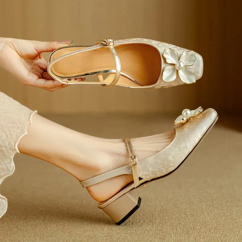 Women's Floral Slingback Block Heel Pumps | Comfortable Low Heel Dress Shoes