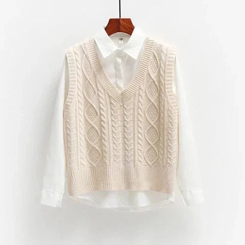 Women's Beige Cable Knit V-Neck Loose Fit Pullover Sweater – Casual Layering Top