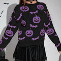 Spooky Pumpkin and Bat Print Halloween Pullover - Graphic Fall & Costume Sweater for Women