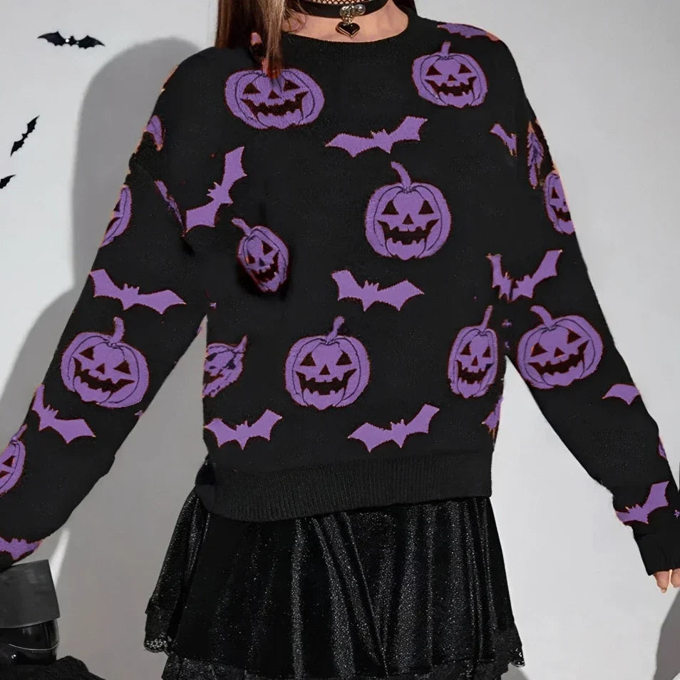 Spooky Pumpkin and Bat Print Halloween Pullover - Graphic Fall & Costume Sweater for Women
