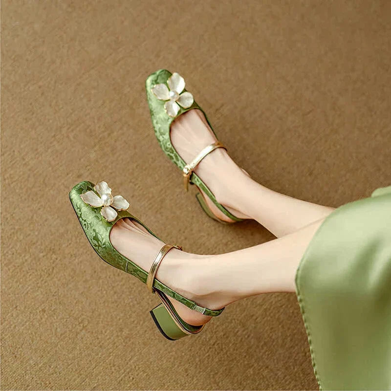 Women's Floral Slingback Block Heel Pumps | Comfortable Low Heel Dress Shoes
