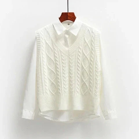 Women's Beige Cable Knit V-Neck Loose Fit Pullover Sweater – Casual Layering Top